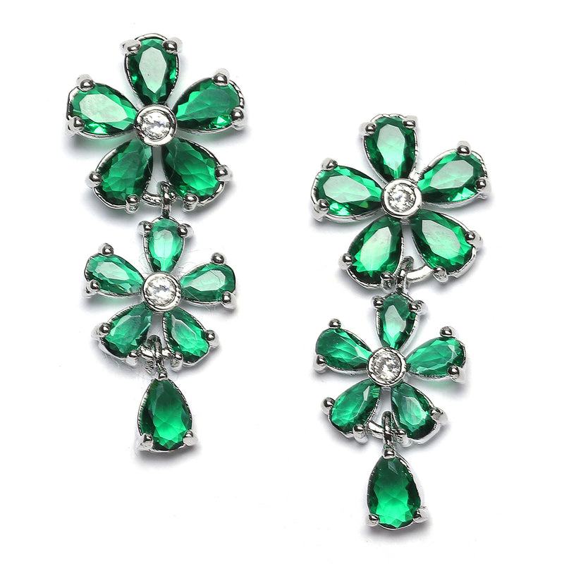 Rhodium-Plated Green American Diamonds Studded Floral Necklace & Earrings Jewellery Set