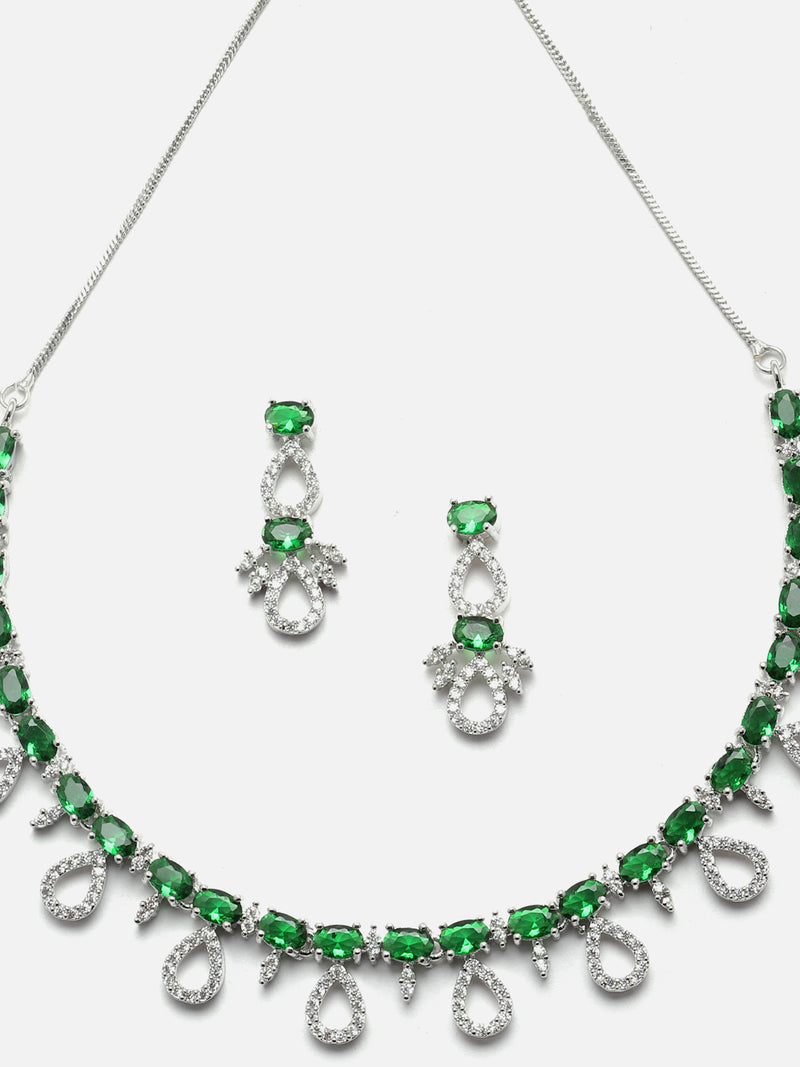 Rhodium-Plated Silver Toned Green American Diamond Studded Necklace with Earrings Jewellery set