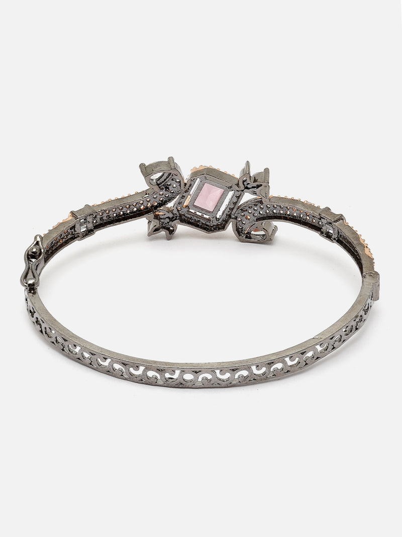 Rose Gold-Plated Gunmetal Toned Pink American Diamond Studded Kada Bracelet
