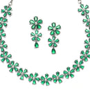 Rhodium-Plated Green American Diamonds Studded Floral Necklace & Earrings Jewellery Set