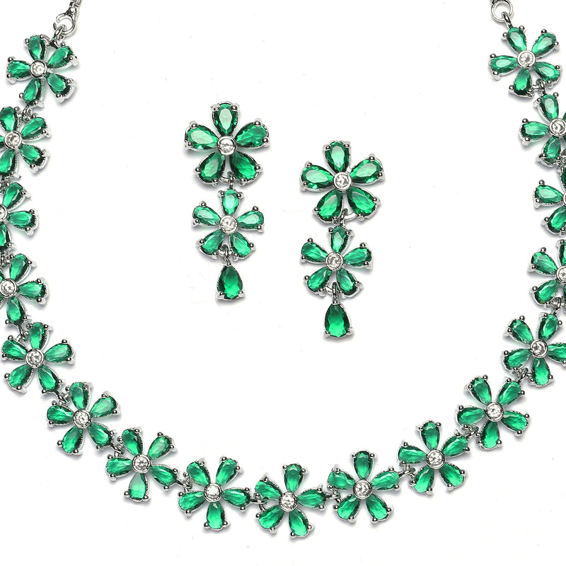 Rhodium-Plated Green American Diamonds Studded Floral Necklace & Earrings Jewellery Set