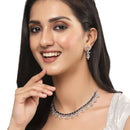 Rhodium-Plated Silver Toned Rectangle Navy Blue American Diamond Studded Necklace Earring Jewellery Set