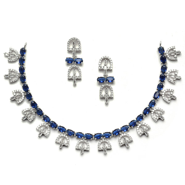 Rhodium-Plated Silver Toned Rectangle Navy Blue American Diamond Studded Necklace Earring Jewellery Set