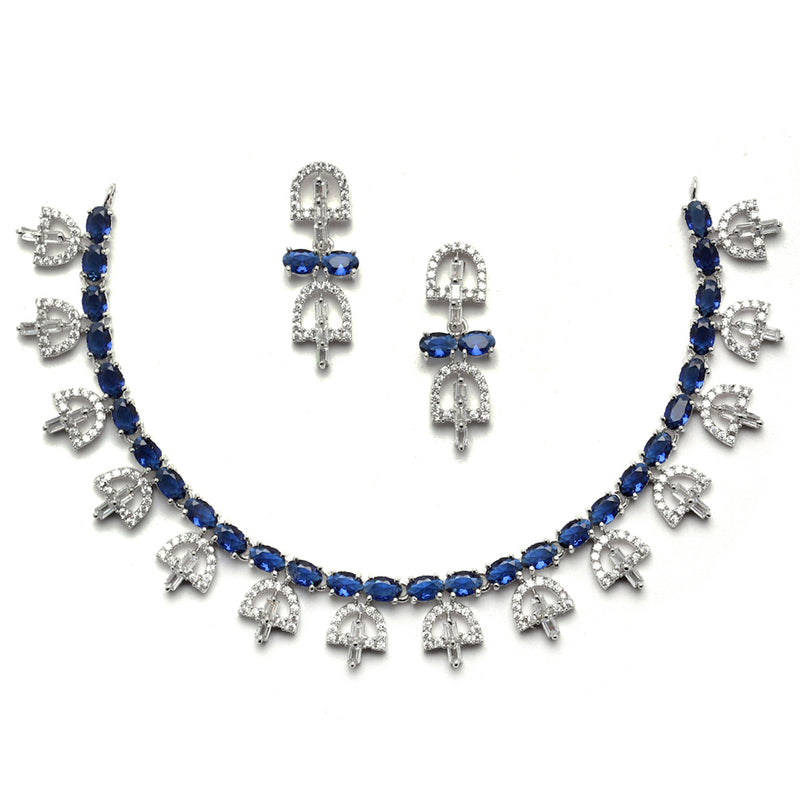 Rhodium-Plated Silver Toned Rectangle Navy Blue American Diamond Studded Necklace Earring Jewellery Set