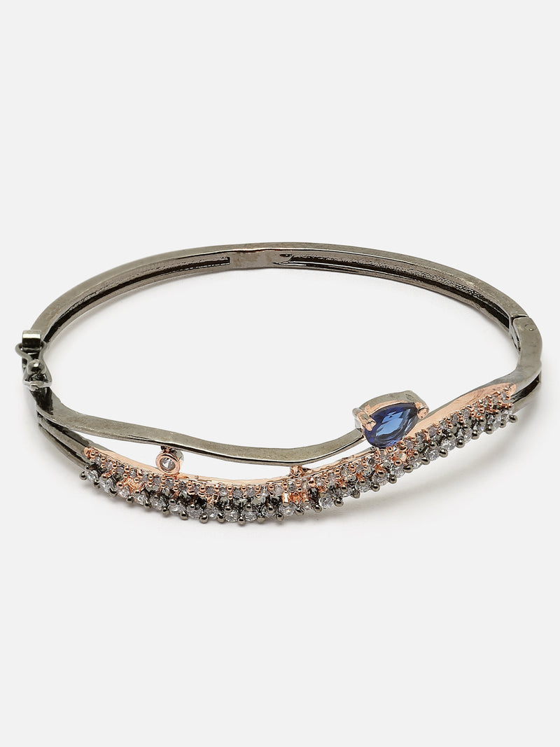 Rose Gold-Plated Gunmetal Toned Navy Blue American Diamond Studded Kada Bracelet