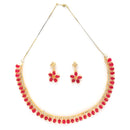Floral Shaped Gold-Plated Red American Diamond Studded Necklace Set with Earrings