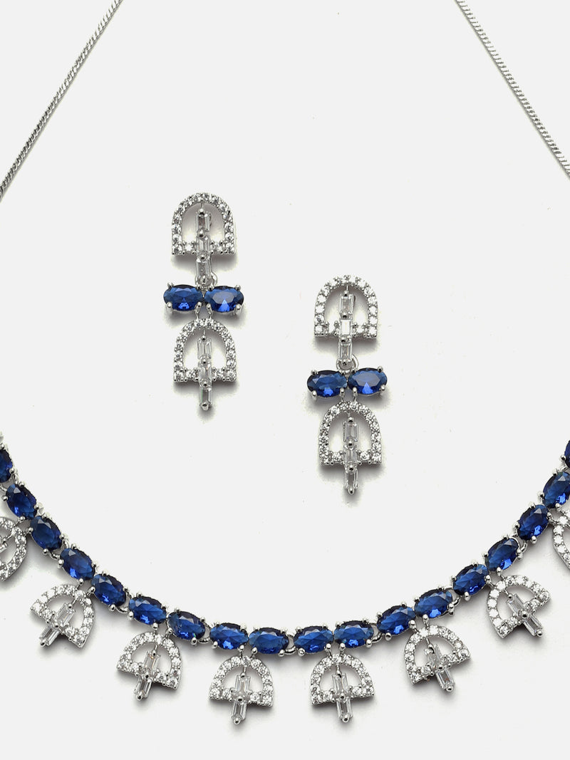 Rhodium-Plated Silver Toned Rectangle Navy Blue American Diamond Studded Necklace Earring Jewellery Set