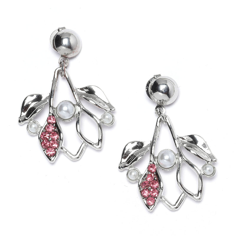 Silver-Plated Pink Cubic Zirconia & White Pearls Studded Leaf Shaped Necklace with Earrings Jewellery Set
