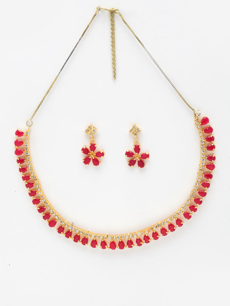 Floral Shaped Gold-Plated Red American Diamond Studded Necklace Set with Earrings