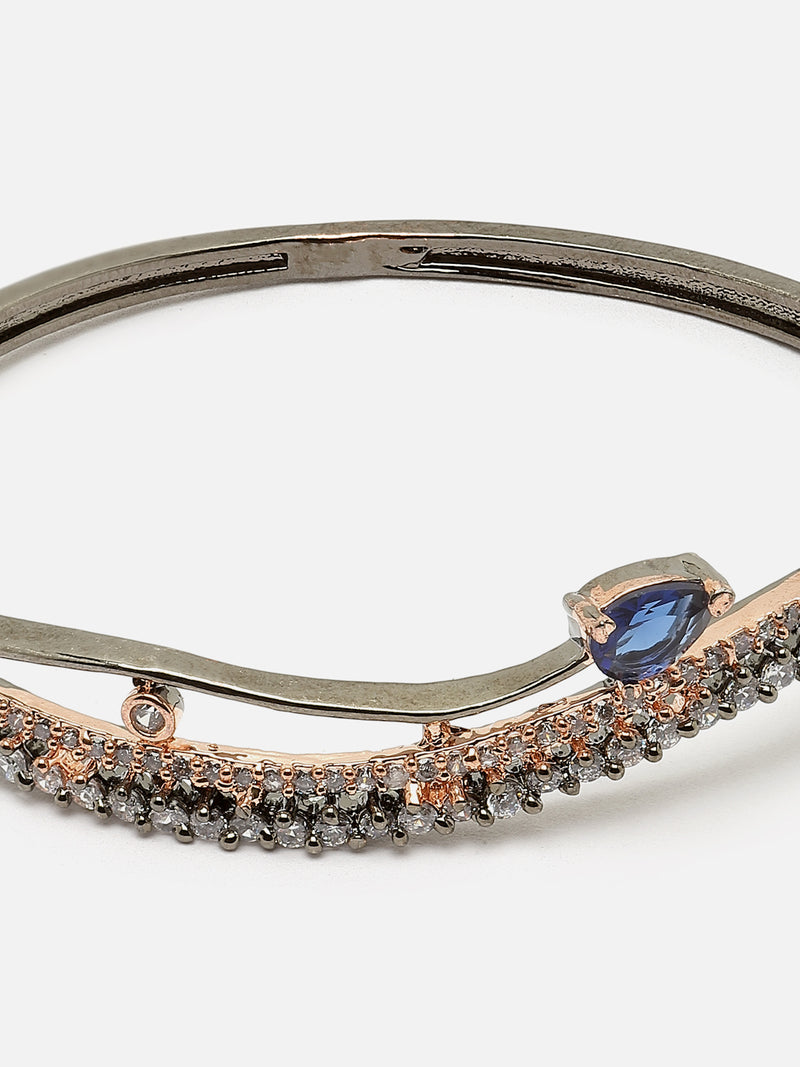 Rose Gold-Plated Gunmetal Toned Navy Blue American Diamond Studded Kada Bracelet