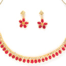 Floral Shaped Gold-Plated Red American Diamond Studded Necklace Set with Earrings