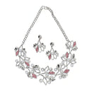 Silver-Plated Pink Cubic Zirconia & White Pearls Studded Leaf Shaped Necklace with Earrings Jewellery Set