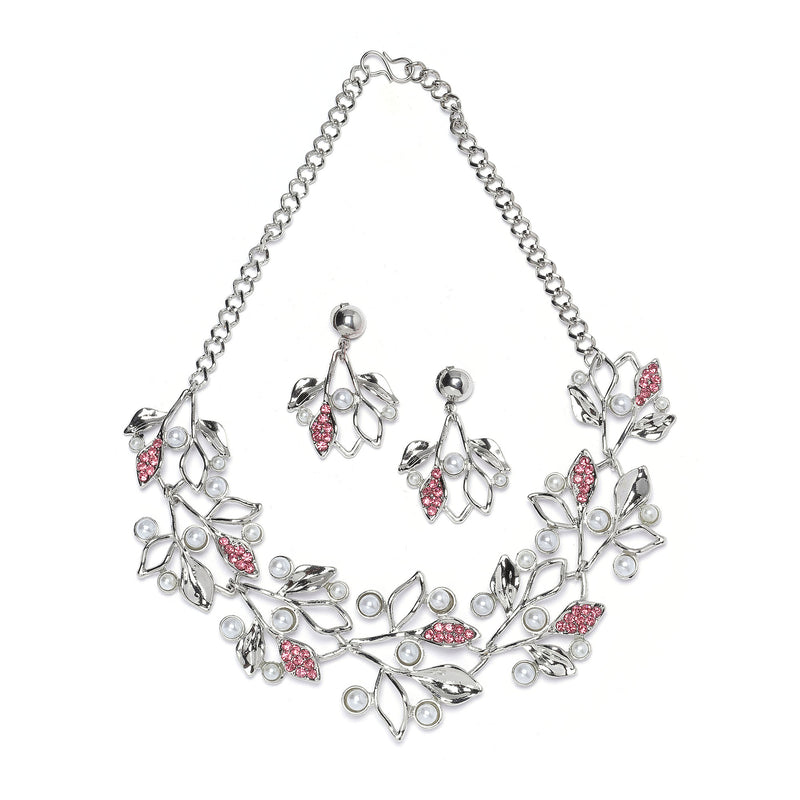 Silver-Plated Pink Cubic Zirconia & White Pearls Studded Leaf Shaped Necklace with Earrings Jewellery Set
