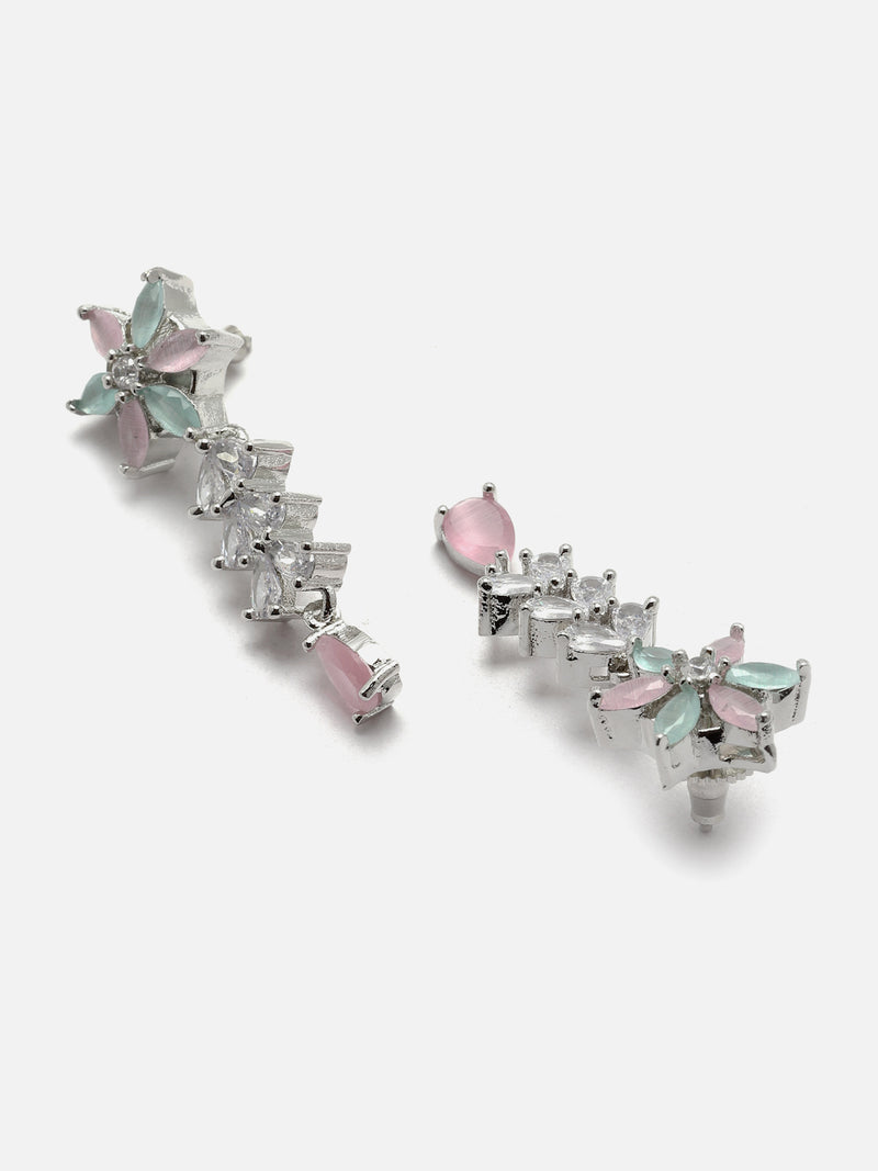 Rhodium-Plated Silver Toned Star Sea Green & Pink American Diamond Studded Necklace Earrings Jewellery Set