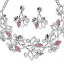 Silver-Plated Pink Cubic Zirconia & White Pearls Studded Leaf Shaped Necklace with Earrings Jewellery Set
