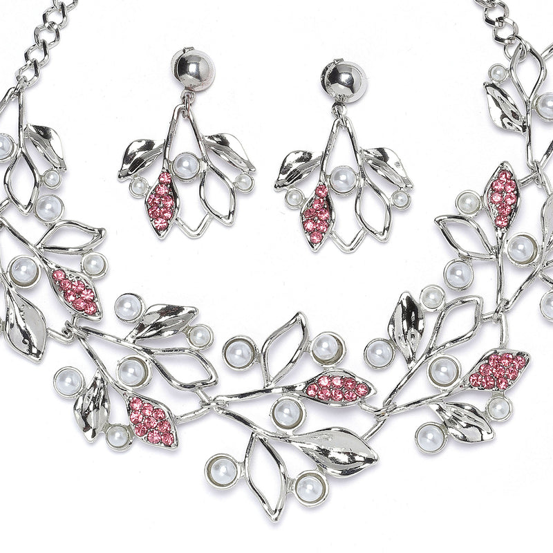 Silver-Plated Pink Cubic Zirconia & White Pearls Studded Leaf Shaped Necklace with Earrings Jewellery Set