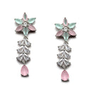 Rhodium-Plated Silver Toned Star Sea Green & Pink American Diamond Studded Necklace Earrings Jewellery Set