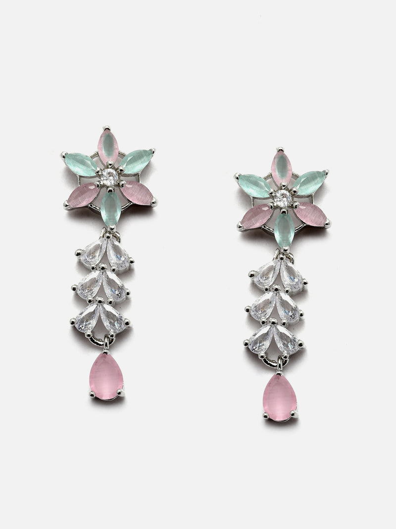 Rhodium-Plated Silver Toned Star Sea Green & Pink American Diamond Studded Necklace Earrings Jewellery Set