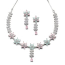 Rhodium-Plated Silver Toned Star Sea Green & Pink American Diamond Studded Necklace Earrings Jewellery Set