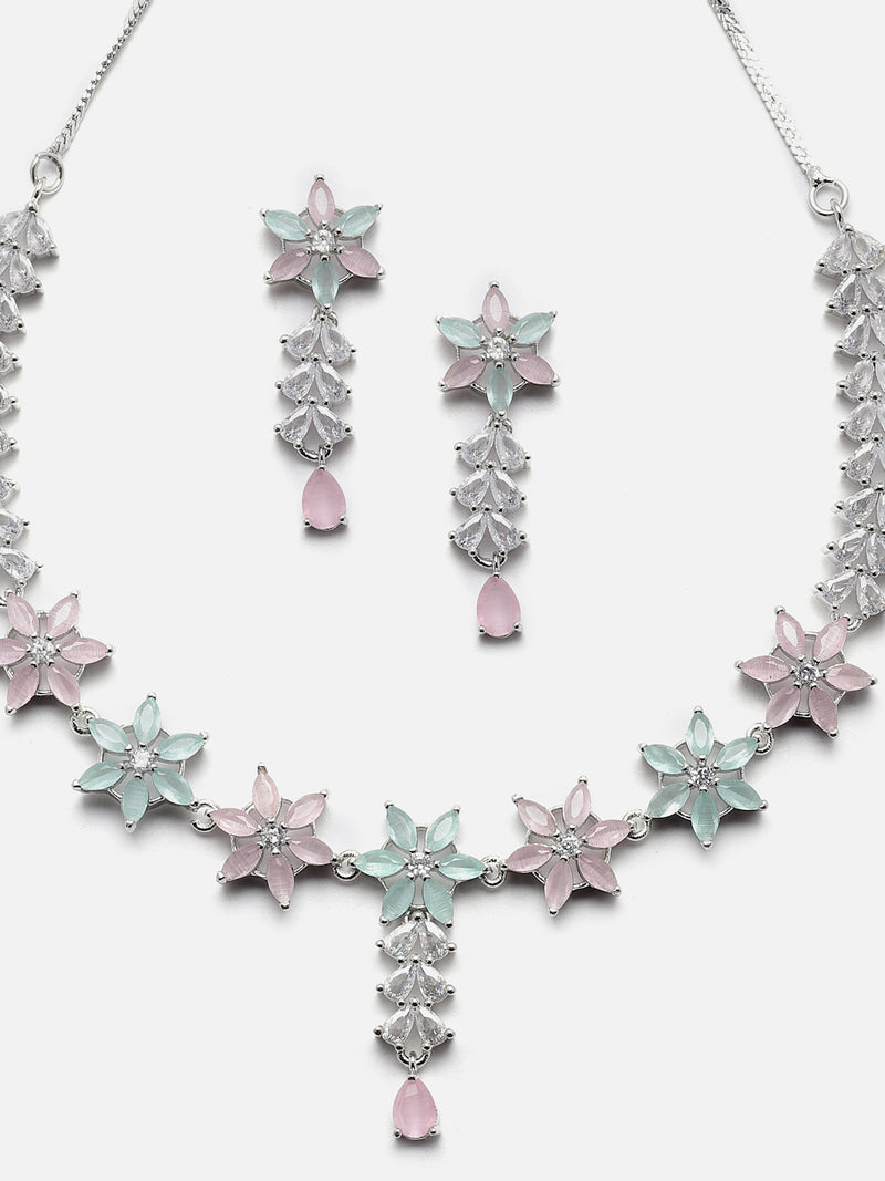 Rhodium-Plated Silver Toned Star Sea Green & Pink American Diamond Studded Necklace Earrings Jewellery Set