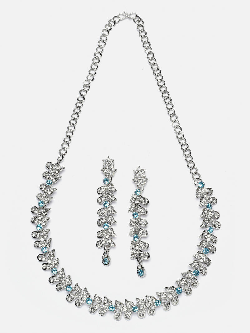 Rhodium-Plated Blue Cubic Zirconia Studded Leafy Shaped Necklace with Earrings Jewellery Set