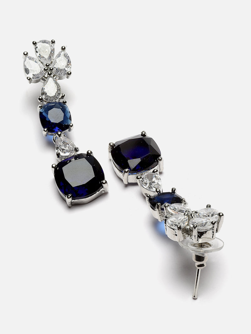 Rhodium-Plated Navy Blue Square American Diamonds Studded Pendulous Necklace & Earrings Jewellery Set