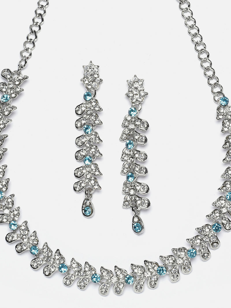 Rhodium-Plated Blue Cubic Zirconia Studded Leafy Shaped Necklace with Earrings Jewellery Set