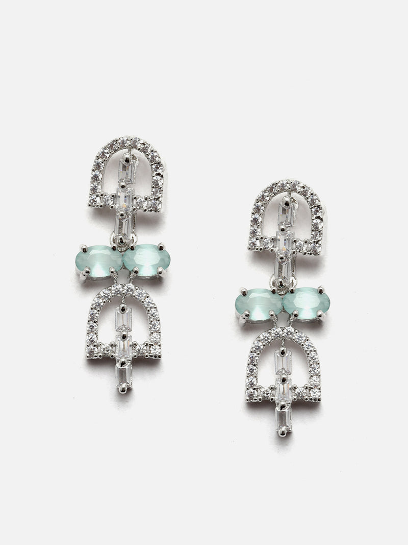 Rhodium-Plated Silver Toned Rectangle Sea Green American Diamond Studded Necklace Earrings Jewellery Set