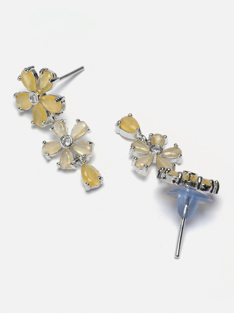 Rhodium-Plated Yellow American Diamonds Studded Floral Necklace & Earrings Jewellery Set