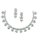 Rhodium-Plated Silver Toned Rectangle Sea Green American Diamond Studded Necklace Earrings Jewellery Set