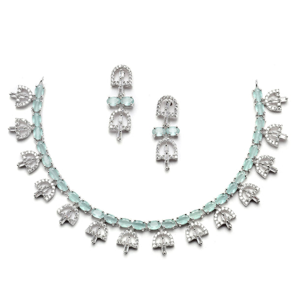 Rhodium-Plated Silver Toned Rectangle Sea Green American Diamond Studded Necklace Earrings Jewellery Set