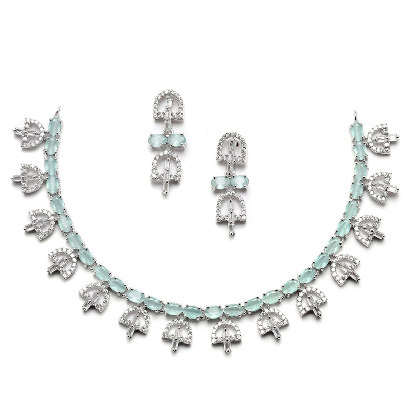 Rhodium-Plated Silver Toned Rectangle Sea Green American Diamond Studded Necklace Earrings Jewellery Set