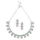 Rhodium-Plated Silver Toned Rectangle Sea Green American Diamond Studded Necklace Earrings Jewellery Set