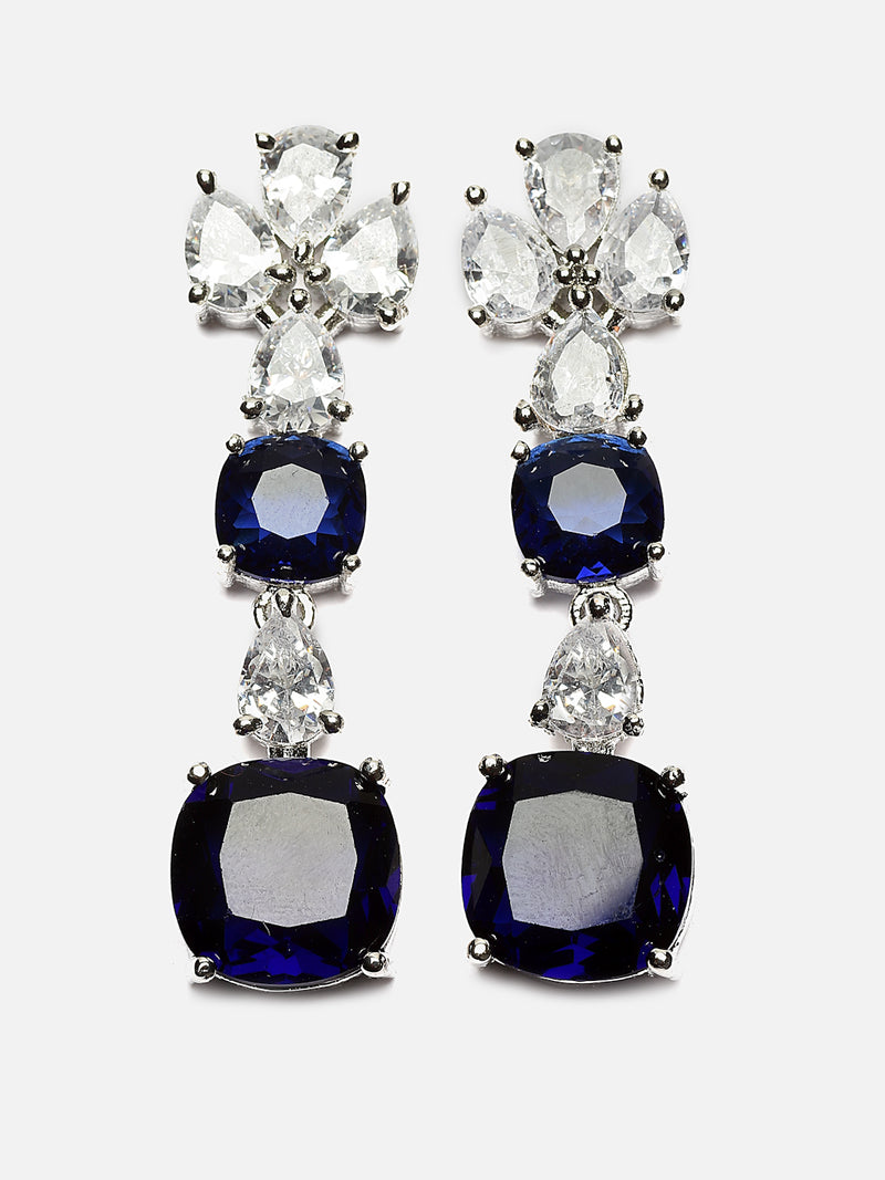 Rhodium-Plated Navy Blue Square American Diamonds Studded Pendulous Necklace & Earrings Jewellery Set