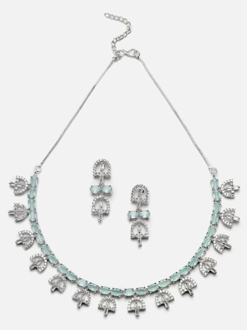 Rhodium-Plated Silver Toned Rectangle Sea Green American Diamond Studded Necklace Earrings Jewellery Set