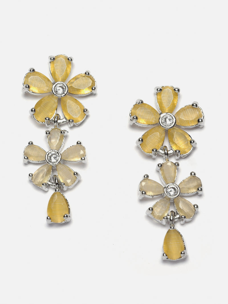 Rhodium-Plated Yellow American Diamonds Studded Floral Necklace & Earrings Jewellery Set