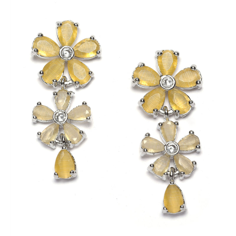 Rhodium-Plated Yellow American Diamonds Studded Floral Necklace & Earrings Jewellery Set