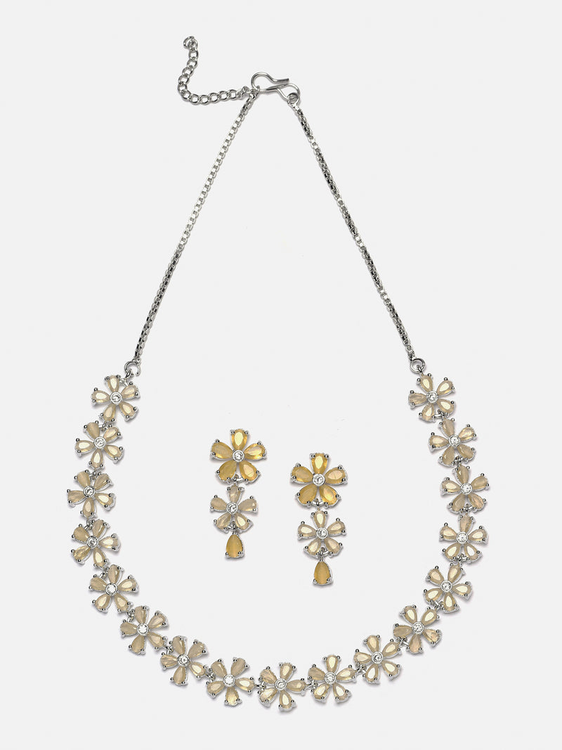 Rhodium-Plated Yellow American Diamonds Studded Floral Necklace & Earrings Jewellery Set