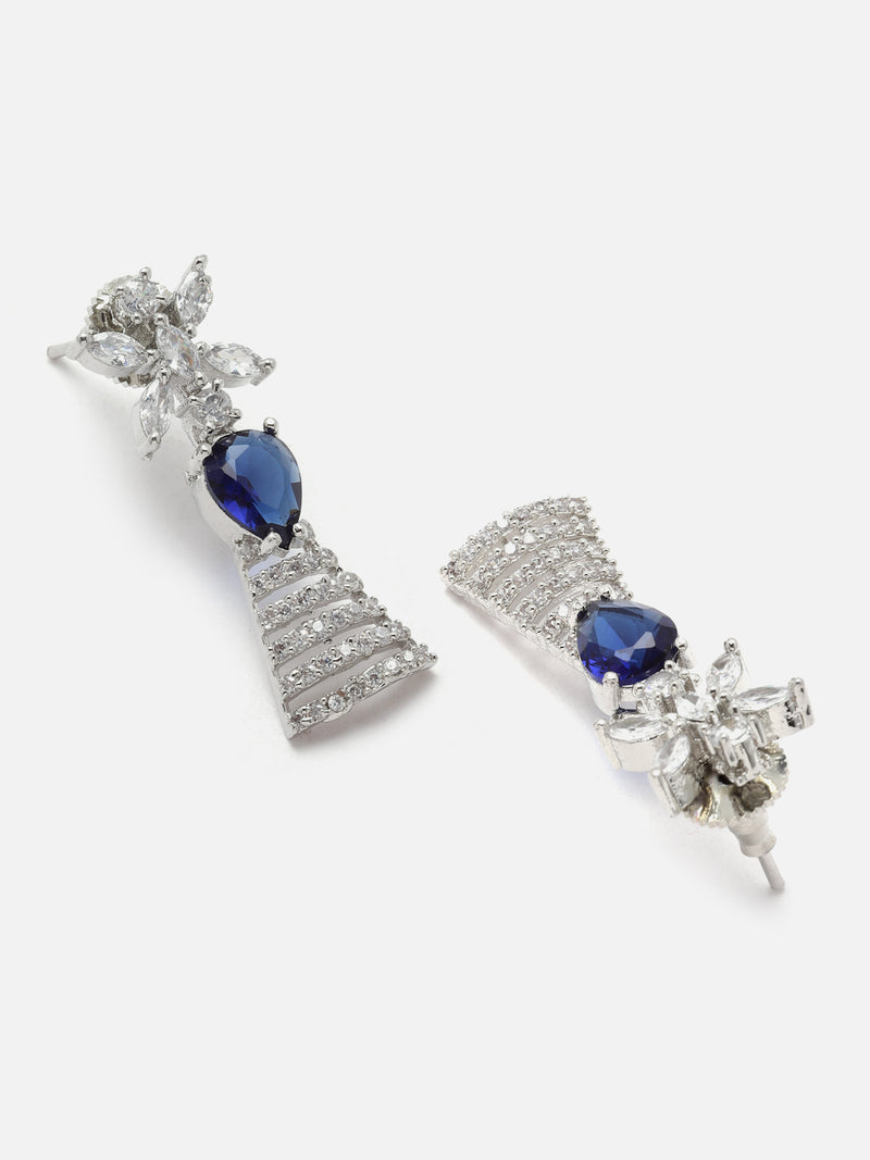 Rhodium-Plated Silver Toned Teardrop Navy Blue American Diamond Studded Necklace Earrings Jewellery Set
