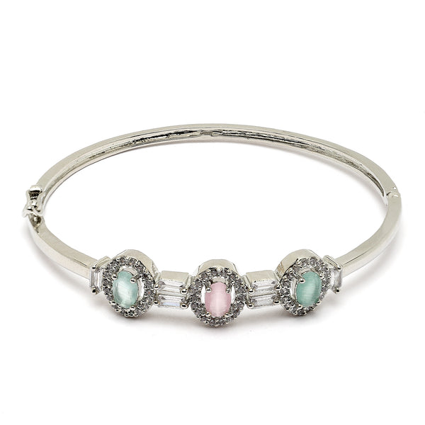 Rhodium-Plated Silver Toned Oval Shaped Sea Green & Pink American Diamond Studded Kada Bracelet