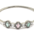 Rhodium-Plated Silver Toned Oval Shaped Sea Green & Pink American Diamond Studded Kada Bracelet