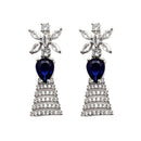 Rhodium-Plated Silver Toned Teardrop Navy Blue American Diamond Studded Necklace Earrings Jewellery Set