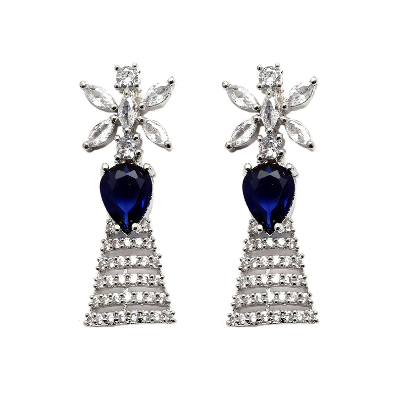 Rhodium-Plated Silver Toned Teardrop Navy Blue American Diamond Studded Necklace Earrings Jewellery Set