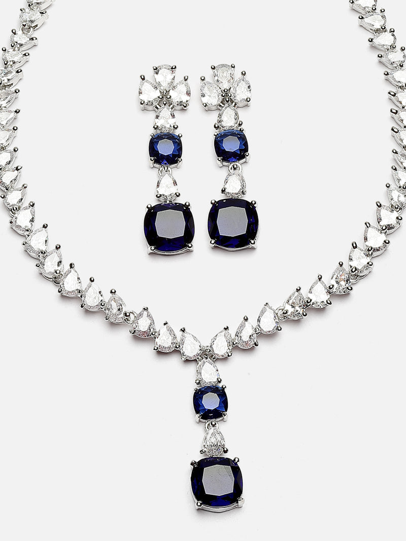 Rhodium-Plated Navy Blue Square American Diamonds Studded Pendulous Necklace & Earrings Jewellery Set