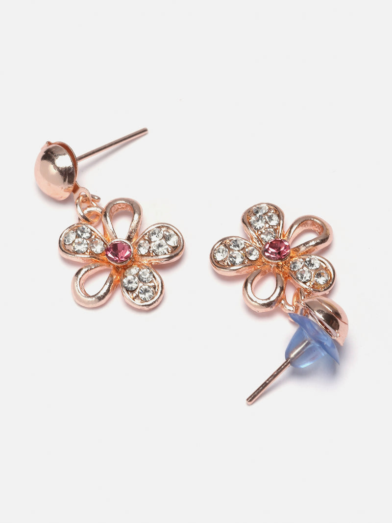 Rose Gold-Plated Red American Diamonds Studded Floweret Necklace & Earrings Jewellery Set