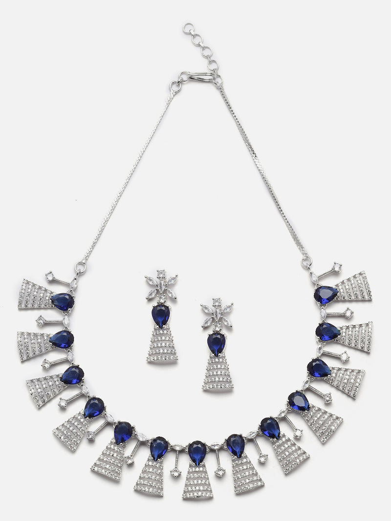 Rhodium-Plated Silver Toned Teardrop Navy Blue American Diamond Studded Necklace Earrings Jewellery Set