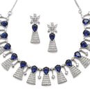 Rhodium-Plated Silver Toned Teardrop Navy Blue American Diamond Studded Necklace Earrings Jewellery Set