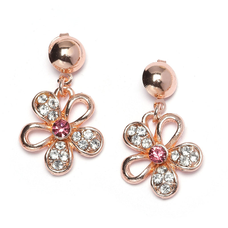 Rose Gold-Plated Red American Diamonds Studded Floweret Necklace & Earrings Jewellery Set