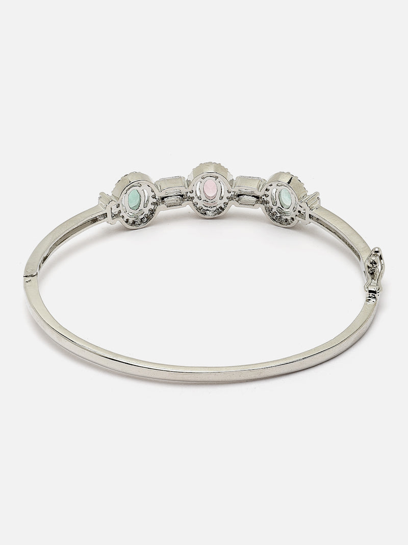 Rhodium-Plated Sea Green & Pink Oval Shape American Diamond Studded Kada Bracelet