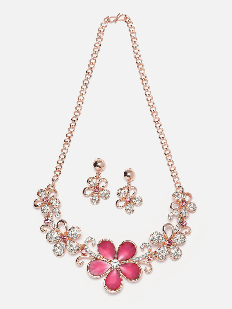 Rose Gold-Plated Red American Diamonds Studded Floweret Necklace & Earrings Jewellery Set